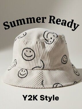 David & Young Smiley Face Corduroy Bucket Hat Cream Festival Streetwear One Size